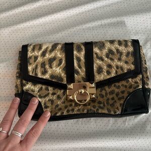 Betsey Johnson Leopard Print Clutch with Black Trim, Sequins & Gold Hardware